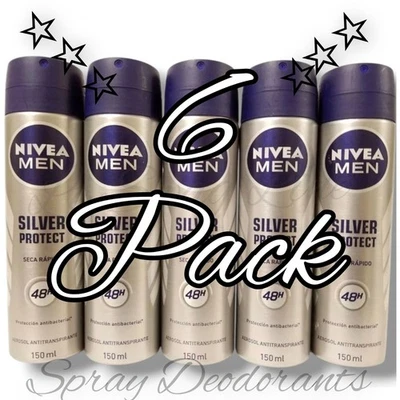 6 PACK MEN NIVEA DEODORANT SPRAY 150ml-91g 48h SILVER PROTECT SECA RÁPIDO - Image 1 of 4