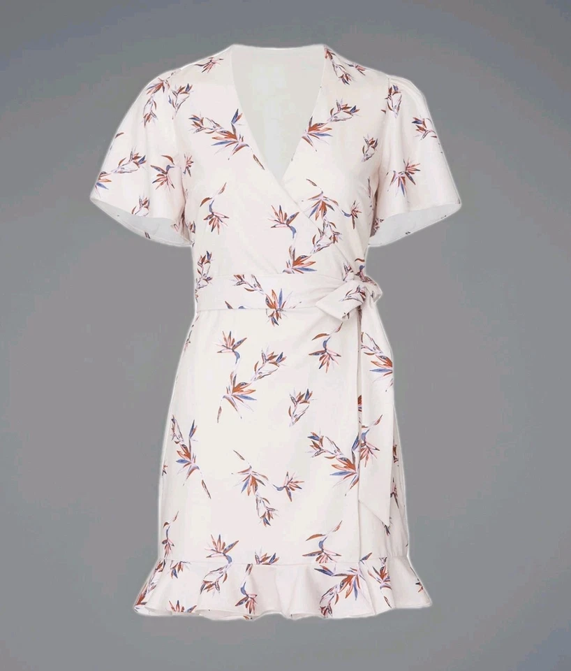 Stylestalker Women Floral Crepe Ruffle Penny Mini Wrap Dress Ivory Small Luxe - Image 1 of 4