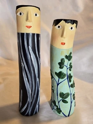 SET OF 2 Boho Art Vase Family Human Face Painting Resin Flower Pot Planter Decor - Image 1 of 4