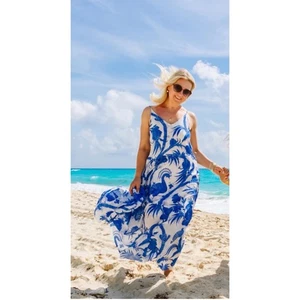 Maxi Vestido H&M Azul y Blanco Estampado Tropical Correa Espagueti, Estilo Boho Resort S - Imagen 1 de 9