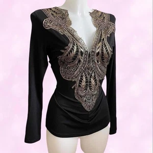 Jane Norman Black Long Sleeve Top With Gold Lace Detail Size 8 Y2k 2000s - Picture 1 of 6