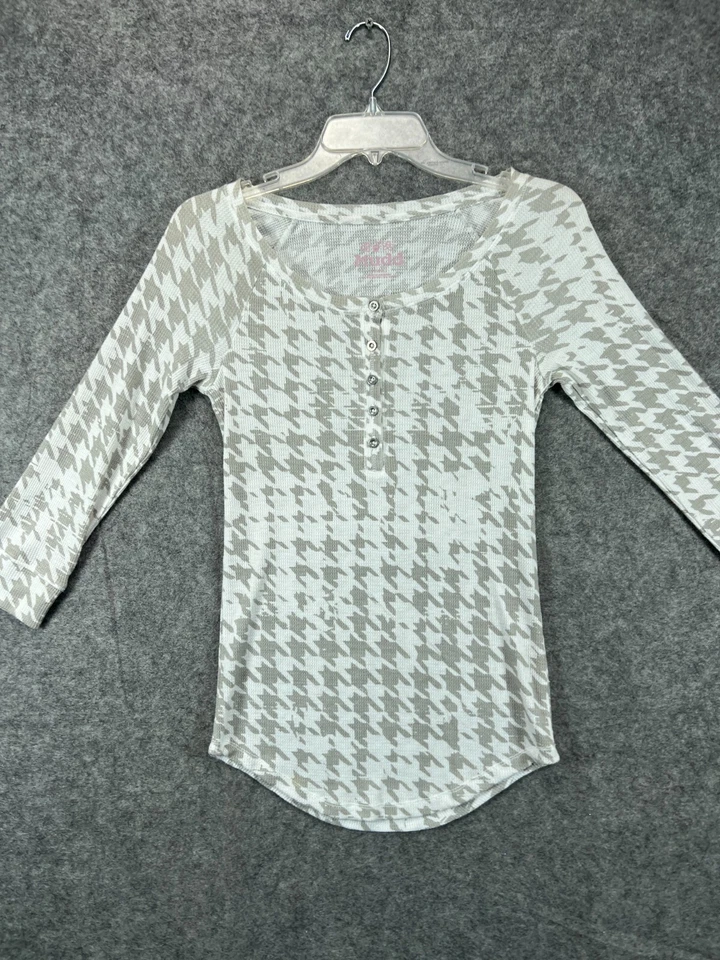 Camisa MUDD Mujer Pequeña Gris Blanca Pata de Gallo Tejido Gofre Top Blusa Informal Foto 1 de 4