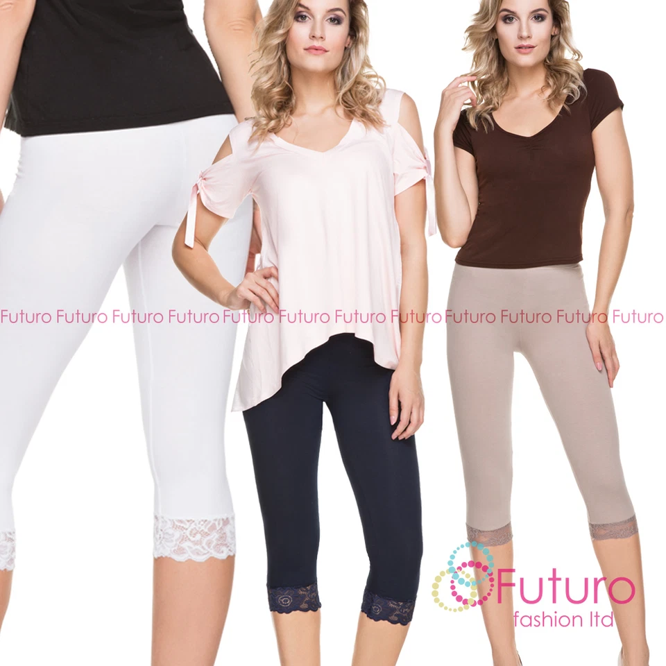 Leggings Calidad PREMIUM con Encaje Recortado 3/4 Longitud Pantalones FL1PR Foto 1 de 1