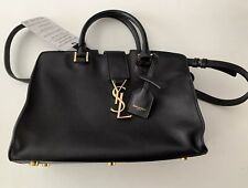Saint Laurent Womens Small Monogram Cabas Leather Handbag Black Gold Hardware