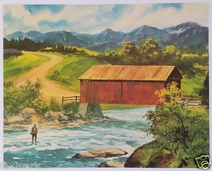 "Covered Bridge & Fisherman" Vintage Print by John C. Pellew... - Picture 1 of 2