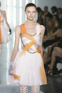 Vestido RODARTE Blanco Naranja Tul Seda Cuero Joyas Metal Cadena Adornado 8 - Imagen 1 de 5