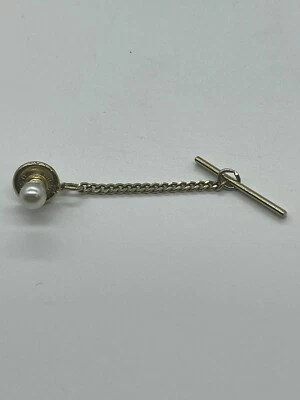 Faux Pearl Tie Tack Pin with Chain Hickok USA VINTAGE  RETRO Classic - Image 1 of 4