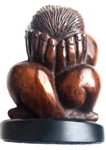 VTG Hand Carved 4.5” Heavy Rosewood Weeping Statue Buddha on a Black Stand, Soli - Picture 1 of 9