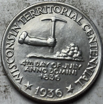 1936 Wisconsin 50c Commemorative Half Dollar. Attractive UNC  Details, Cleaned - Image 1 of 2