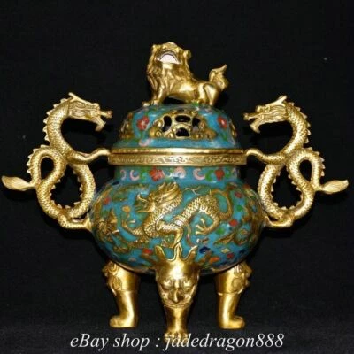 Incenso incensário escultura leão dragão cobre marca QianLong porcelana 10" - Imagem 1 de 4