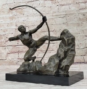 Bronce Metal Art Deco Clásico Escultura Arquero Hombre Arco Flecha Estatua Mármol Oferta - Imagen 1 de 10