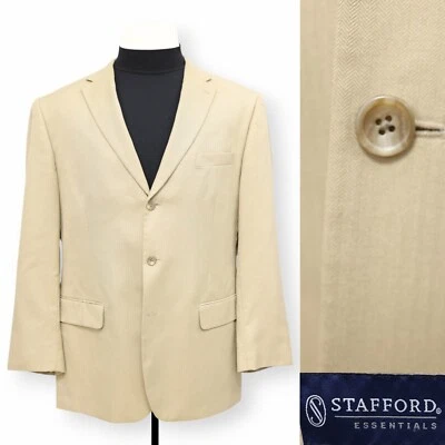 STAFFORD mens solid beige micro herringbone sport coat suit jacket blazer 44 R - Image 1 of 4