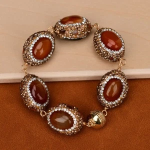 Brazalete de cornalina de ágata roja natural con cuentas de pepita de huevo pavimentado de moissanita 8,5' - Imagen 1 de 9