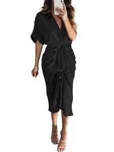 Womens Button Down Ruched Shirt Dresses Short Sleeve Lapel V Neck Maxi GCOM - Picture 1 of 13