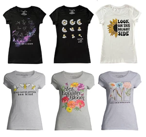 Wound Up Women Juniors' Graphic Short Sleeve T-Shirt -Floral, Bee Kind, Optimist - Picture 1 of 47