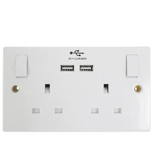 Doble Enchufe 13A 240V Red con Interruptor Potencia Escape 2x USB 5V 2.4A Blanco - Imagen 1 de 6