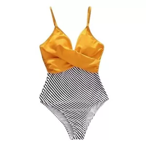 Badeanzug Einteiler Damen Small Boutique gelb schwarz Streifen V-Ausschnitt Schwimmen A1 - Bild 1 von 6