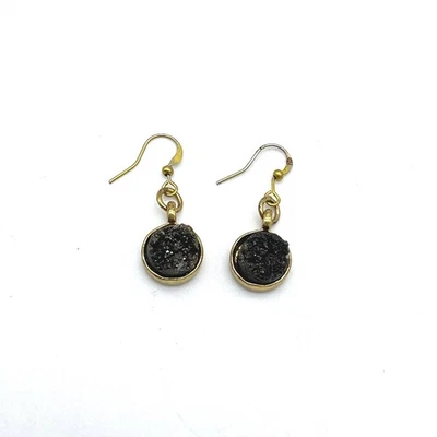 Gold Tone Druzy Stone Earrings Round Dangle Drop Sparkly Black - Image 1 of 4