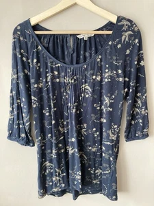 Fat Face Navy Top. Cream Brown Floral Bird Design. 3/4 Sleeve. Size 14. Used - Picture 1 of 14