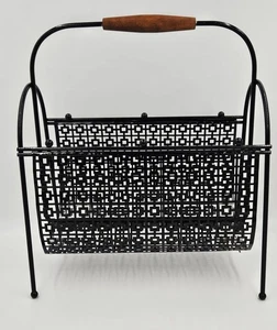 Fabulous 1950s Mod Patterned Black Steel Double Magazine LP Record Holder - Picture 1 of 6