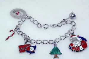 60's Vtg Christmas Charm Bracelet Sterling Silver Santa Elf Tree Angel Bell Cane - Foto 1 di 5