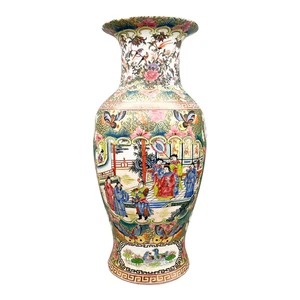 Jarrón medallón rosa vintage de 16" porcelana china pintada a mano - Chinoisie - Imagen 1 de 18