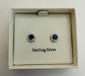 Lab Created Sapphire & White Topaz Halo Stud Earrings Sterling Silver in Box - Picture 1 of 9