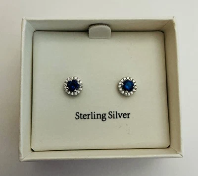 Lab Created Sapphire & White Topaz Halo Stud Earrings Sterling Silver in Box - Image 1 of 4