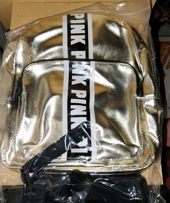 Victoria's Secret PINK Metallic Gold Black/White Logo Mini/Small Backpack - Image 1 of 2