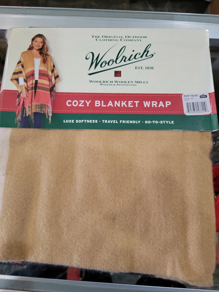 Woolrich Cozy Blanket Wrap Scarf Shaw Plaid Fringe Outdoor Cozy