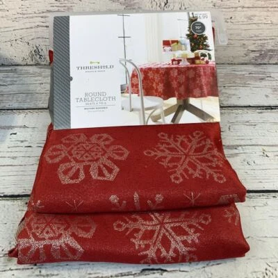 Threshold Round Holiday Tablecloth Red Silver Snowflake Pattern 70 inch NEW - Image 1 of 3
