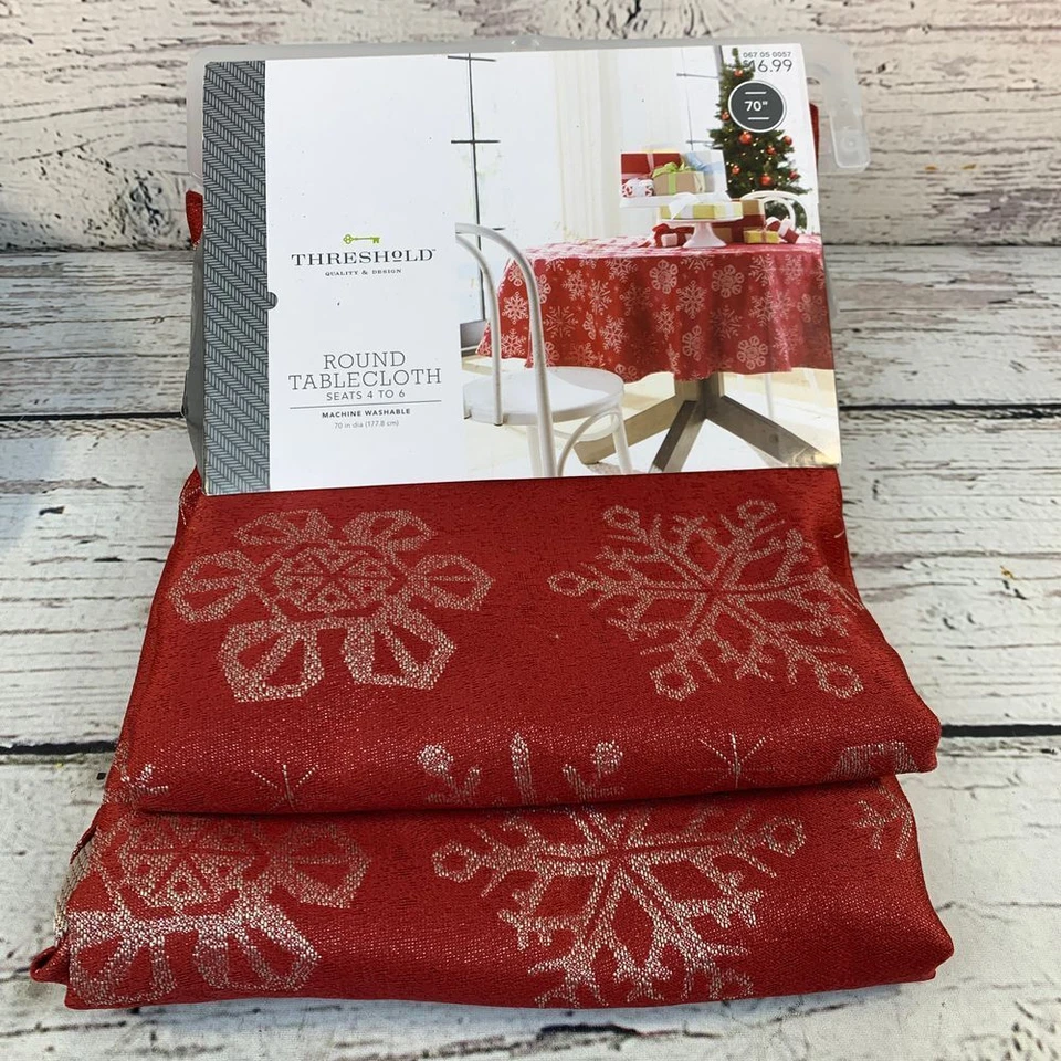 Threshold Round Holiday Tablecloth Red Silver Snowflake Pattern 70 inch NEW - Image 1 of 3