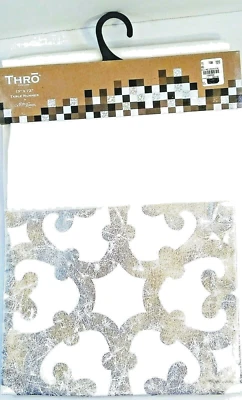 Thro Table Runner Marlo Lorenz 13" x72" Polyester-Border Silver Foil Scrollwork - Image 1 of 4
