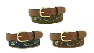 Zep Pro Leather Canvas Ribbon Belt LARGE MOUTH BASS Fish Belt Brown Navy Olive - Picture 1 of 7