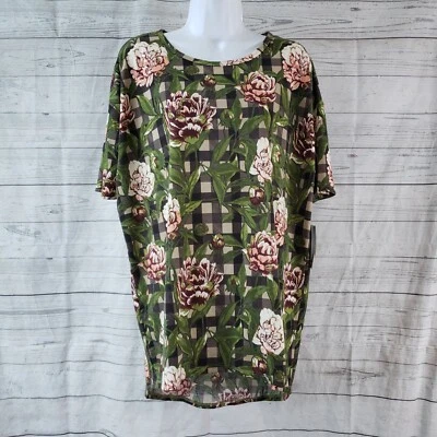 LuLaRoe Womens Irma top Sz XS Pink Green Floral Checkered Short Sleeve - Image 1 of 4