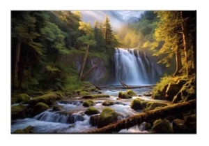 Snowy Mountain Forest Waterfall in the Morning Sunlight, Nature Landscape Print - Picture 1 of 10