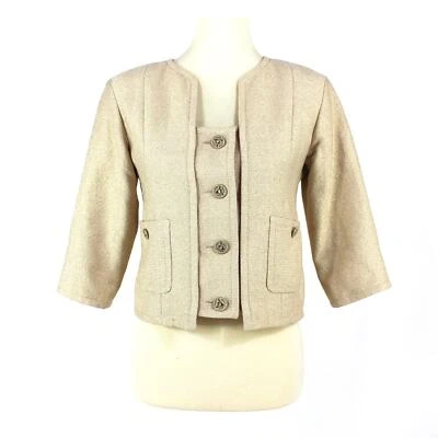 Chanel Cropped Suit Jacket Gold Metallic CC Logo Button Front Pockets Size 38 - Image 1 of 4