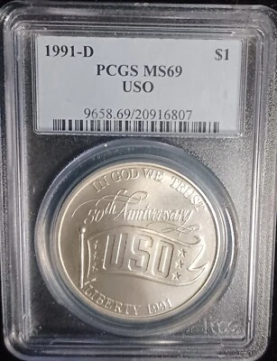 1991 D USO COMMEMORATIVE 90% SILVER DOLLAR PCGS MS69.  -#SL0103 - Image 1 of 2