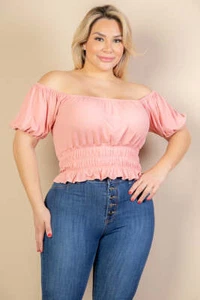 Ribbed Knit Solid Top with Casual Ruched Puff Sleeves in Plus Size - Picture 1 of 15