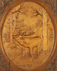 Wood relief stately deer on forest clearing hunting hunter carving 1902