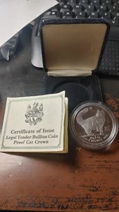 1991 Isle of Man Proof 1 Oz. .999 Fine Silver Crown Norwegian Forest Cat L105 - Picture 1 of 5