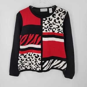 Alfred Dunner Petite Sweater Womens Petite Large Animal Print Black Red White - Picture 1 of 6