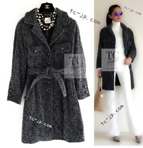 CHANEL 14B Gray Black Lion Button Belt Cotton Coat by Karl Lagerfeld 34 36 - Picture 1 of 24