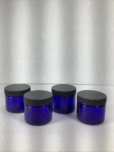 4~Cobalt Blue 2oz Round Glass Jars With Inner Liners & Black Plastic Lids~NEW - Picture 1 of 13