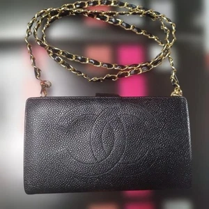 CHANEL Black Gold Chain Kiss Lock Long Wallet Crossbody Bag Authentic Used Japan - Picture 1 of 20
