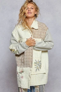 New POL Cream Floral Patches Long Shacket Jacket Mid Weight Embroidered Medium - Picture 1 of 12