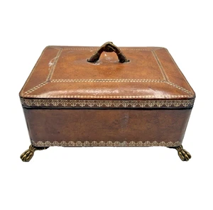 Antique Leather Wood Georgian Box Safekeeping Lidded Footed Made In Philippines - Picture 1 of 10