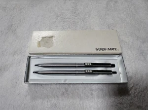VINTAGE PAPERMATE DOUBLE HEART PEN & PENCIL SET IN SILVER SLIM PROFILE W/ BOX - Picture 1 of 8