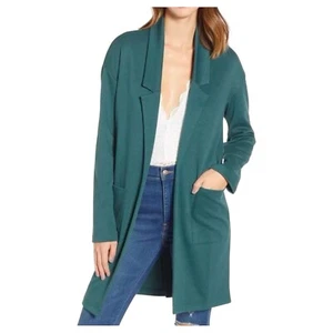 Leith Nordstrom Dark Green Open Front long Knit Blazer Jacket Duster Size Small - Picture 1 of 8