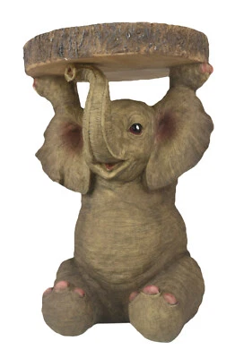34CM BABY AFRICAN ELEPHANT SIDE OCCASIONAL TABLE PLANT STAND STATUE POLYSTONE  - Image 1 of 4